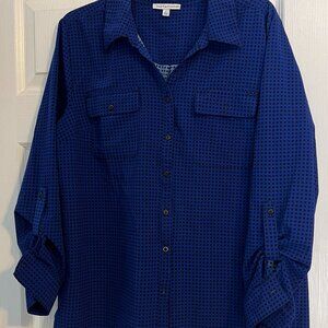 Womens's Notations Roll Tab Sleeve Button Down Blouse, Size XL, Blue & Black